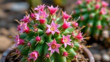 close up view of bishop's cap cactus bearing delicate pink star blooms. photo