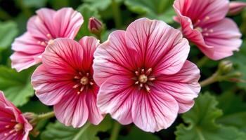 close up view of wild geraniums with veined petals and soft fuzzy foliage. photo