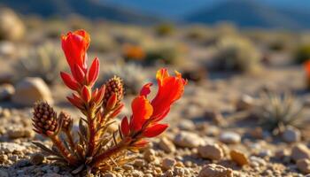 close up view of desert paintbrush tips glowing red against sparse landscapes. photo