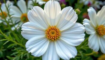 close up view of a cosmos flower with soft white petals and a golden yellow center framed by feathery green foliage. photo