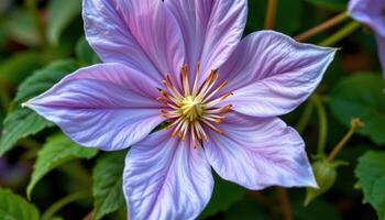 close up view of a star shaped clematis flower with large lavender petals and a vibrant center of filaments. photo