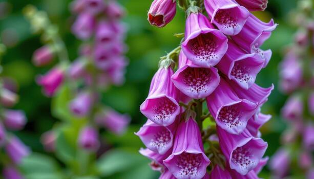 close up view of purple foxglove bells stacked along a tall stalk, each bloom speckled with fine white patterns. photo