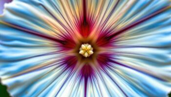 close up view of a morning glory with wide trumpet shaped petals in blue and white gradients spiraling from the center. photo