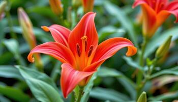 close up view of a flame lily in full bloom, with red orange petals twisted into elegant curves. photo