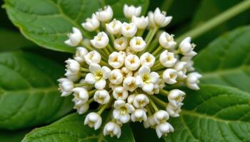 close up view of a white baneberry flower cluster, delicate and soft, surrounded by broad green leaves. photo