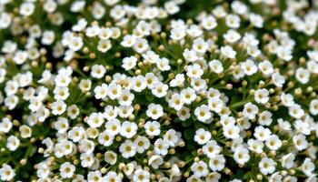 close up view of sweet alyssum, white petaled mats spreading like floral snow. photo