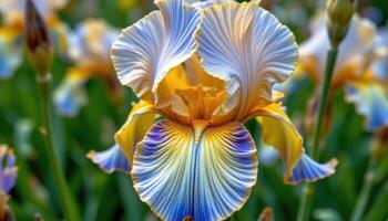 close up view of dutch iris petals twisted in blue and gold elegance. photo