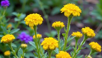 close up view of tansy with button shaped yellow blooms atop upright green stems. photo