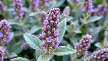 close up view of a sage bloom, its tubular lavender petals rising above fuzzy silver leaves. photo