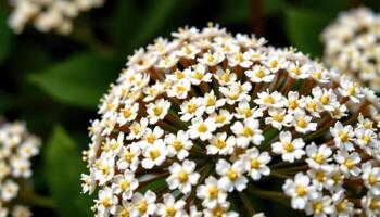 close up view of a cluster of yarrow flowers forming a flat topped canopy of tiny white florets. photo