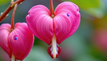 close up view of a bleeding heart flower, shaped like a pink heart with a delicate white teardrop. photo
