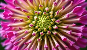 close up view of a globe amaranth bloom shaped like a vibrant magenta sphere with papery texture. photo