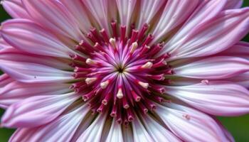 close up view of a scabiosa flower, also known as pincushion flower, with delicate petals surrounding a raised center. photo