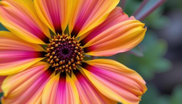 close up view of a coreopsis bloom with bright yellow petals arranged around a reddish brown center. photo