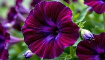 close up view of a petunia bloom with velvety petals in rich purple, funneling toward a star shaped center. photo