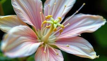 close up view of a spider flower with delicate, thread like stamens extending from pastel petals. photo