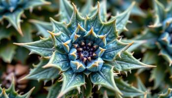close up view of sea holly with metallic blue textures and spiky star shaped bracts. photo