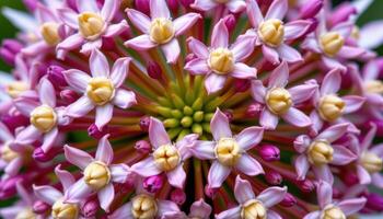 close up view of milkweed flowers in spherical umbels, each star shaped bloom detailed. photo