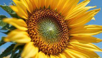 close up view of a blooming sunflower's intricate spiral of seeds, surrounded by its vibrant golden yellow petals reaching toward the sky. photo