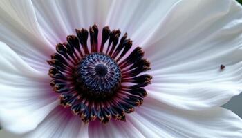 close up view of a single anemone flower with bold white petals and a dark, textured central disk. photo