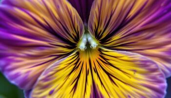 close up view of a pansy flower with velvety petals in shades of purple and yellow, accented by dark, central markings. photo