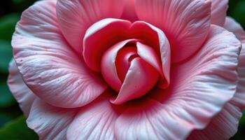 close up view of a camellia blossom, its waxy petals forming a perfect rose like shape. photo