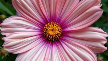 close up view of a cosmos flower with finely feathered leaves and vibrant magenta petals radiating from a golden core. photo