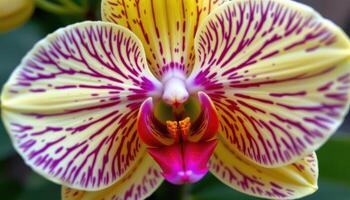 close up view of an orchid flower displaying intricate patterns and a symmetrical structure in vivid tropical colors. photo