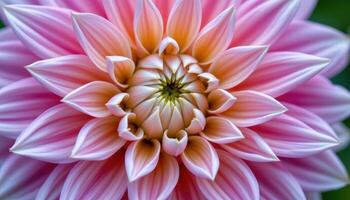 close up view of a bold dahlia flower with layers of pointed petals arranged in perfect radial symmetry. photo