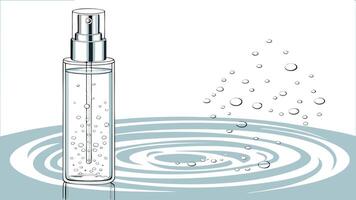 Transparent cosmetic spray bottle with fresh water and effervescent bubbles resting on a serene ripple surface with rising refreshing droplets illustration vector