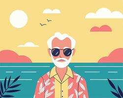 Relaxed senior man enjoying a tropical beach vacation wearing a colorful Hawaiian shirt and stylish sunglasses by the ocean at sunset vector