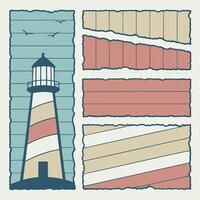 Coastal lighthouse illustration with seagulls and vintage ripped paper banner backgrounds featuring horizontal and diagonal striped patterns for design projects vector