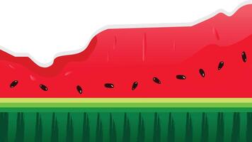Cartoon watermelon background with pulp, black seeds, and a striped rind pattern vector