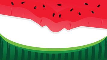 Watermelon border background with pulp, black seeds, striped green rind, and copy space vector