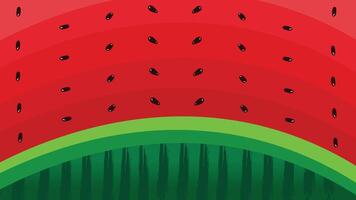 Watermelon texture background featuring pulp, black seeds, and a green striped rind pattern vector