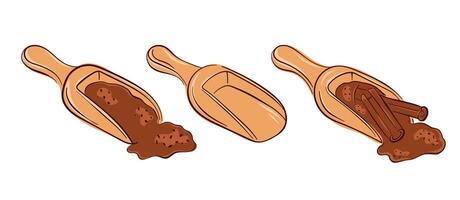 Set of wooden scoop with ground cinnamon powder and stick in flat style isolated on white background. Perfect for spice packaging, food blog and cooking design. vector