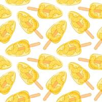 Seamless pattern of tropical pineapple ice pop and wooden stick on white background in cartoon style. Perfect for summer dessert packaging and fruity food design theme. vector