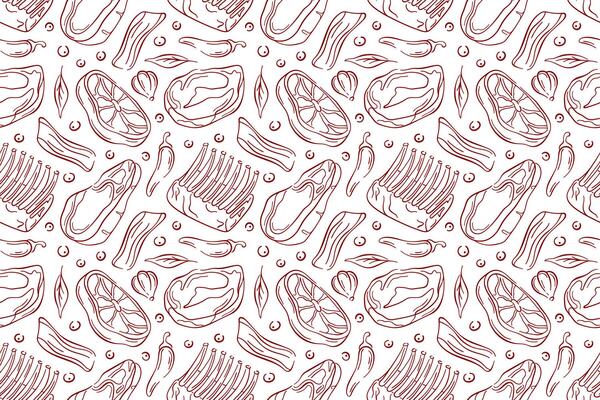 Seamless pattern with meat cut, bacon, ribs, steak, chili pepper garlic, onion and herb leaf in red line art style on white background. Ideal for butcher shop, packaging and culinary design theme.