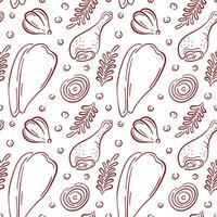 Seamless food pattern with chicken drumsticks, onion, garlic and herbs in red line art style on white background. Great for culinary packaging or cooking themed design. vector