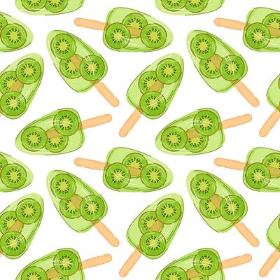 Seamless pattern with green kiwi ice cream on white background in cartoon style. Perfect for summer fruit design, dessert packaging and tropical themed food illustration.