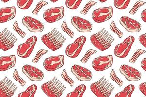 Seamless pattern of flat style steak, bacon, ribs and meat cut on white background. Ideal for butcher shop, packaging and culinary design theme. vector