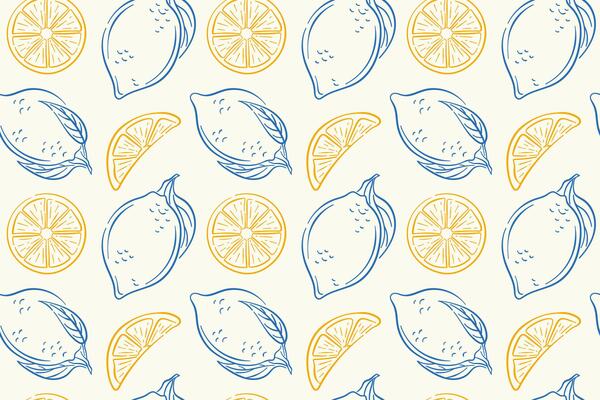 Seamless lemon pattern with whole fruit, slice and leaf in line art style. Citrus background for packaging, kitchen wallpaper, grocery store or summer design.