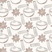 Seamless spice pattern with bowl cinnamon, stick and star anise in line art style. Ideal for culinary background, food packaging and natural organic kitchen design. vector