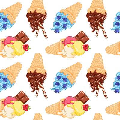 Ice cream cone seamless pattern with blueberry, raspberry fruit, chocolate bar and stick on top in cartoon style. Perfect for dessert menu, summer packaging graphic design.