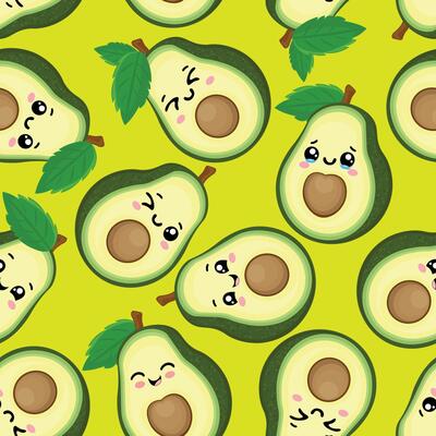 Cute Kawaii Avocado Pattern on Yellow Background. Seamless Cartoon Fruit Design
