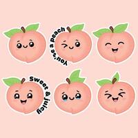 Cute cartoon peach stickers with faces vector
