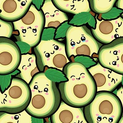 Seamless Kawaii Avocado Pattern. Cute Cartoon Fruit Background Without Text