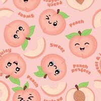Kawaii Peach Pattern with Text. Seamless Cute Fruit Background in Pink vector