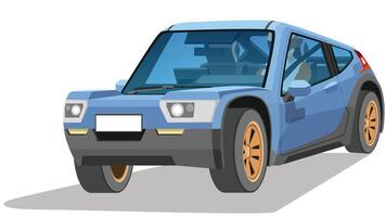 Objec perspective design of sport race rally car pastel blue color. Can view inside car with rally car drivers. Shadow and isolated white background. vector