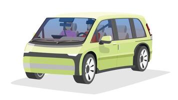 Object perspective design of van car pastel green color. Can view inside car. Driving with couples on a trip. Shadow and isolated white background. vector